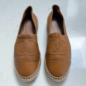 Chanel Brown Lambskin Leather Cap Toe CC Espadrilles